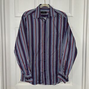 Bugatchi Uomo Mens Size Medium Button Up Long Sleeve Shirt Blue Red White Stripe